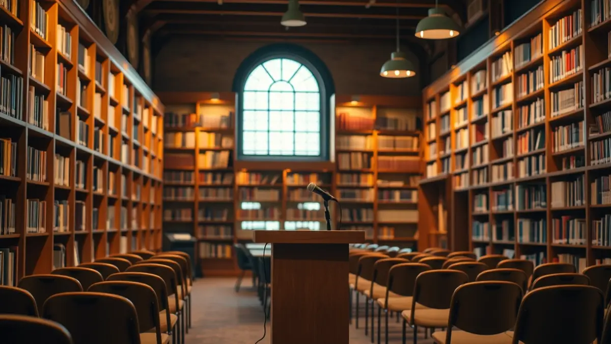 Generic image of a library with wooden bookshelves and a podium with a microphone, with warm lighting.