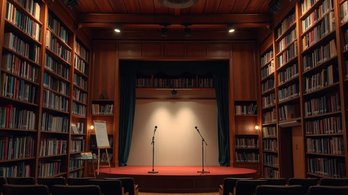 Generic image of a library with wooden bookshelves and a small stage for storytelling.