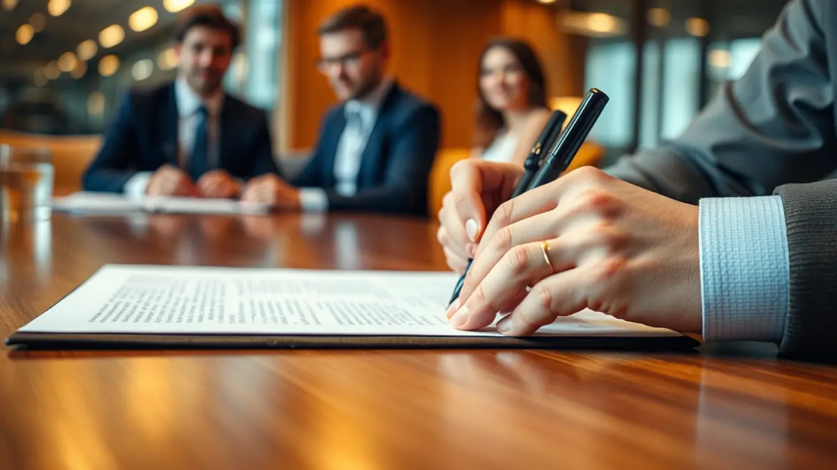 Generic image of hands signing a document on a wooden table, with blurred figures in the background.