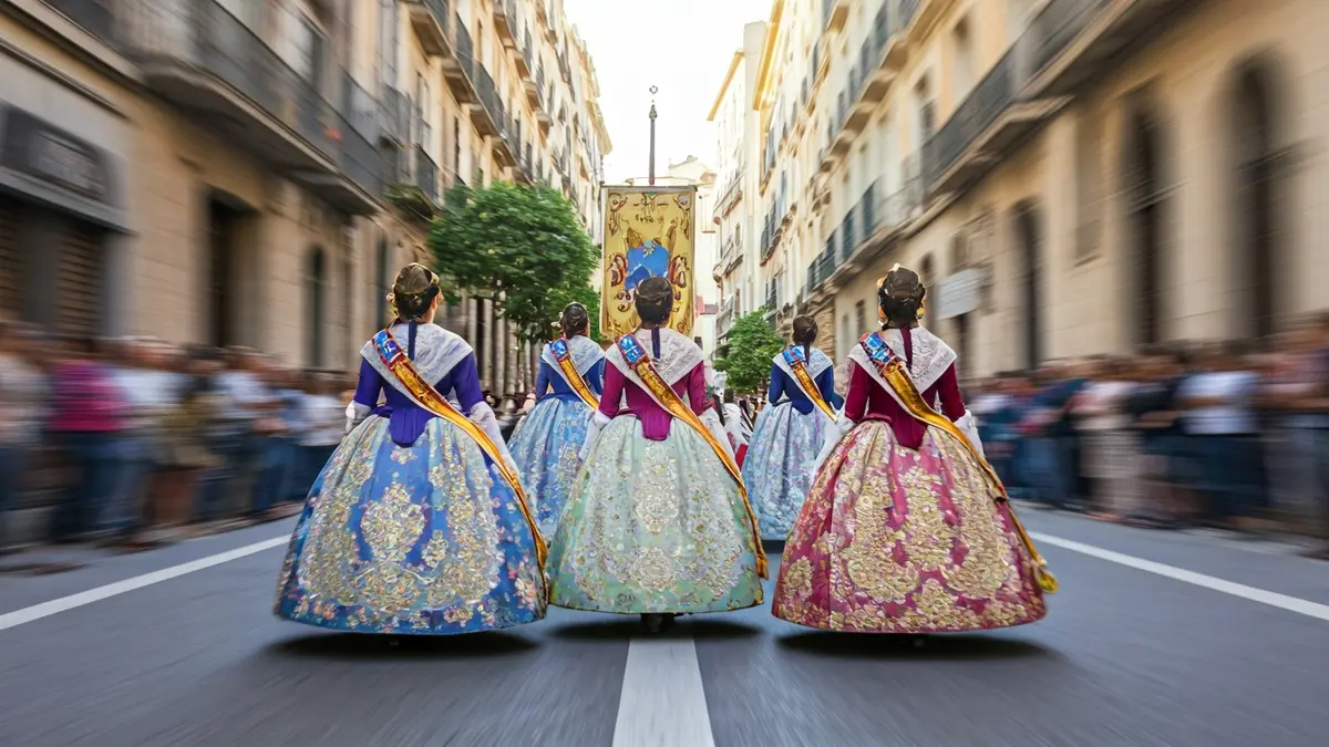 Image of a parade of Fallas commissions in the Offering to San Vicente Ferrer in Valencia, with traditional costumes and a festive atmosphere.