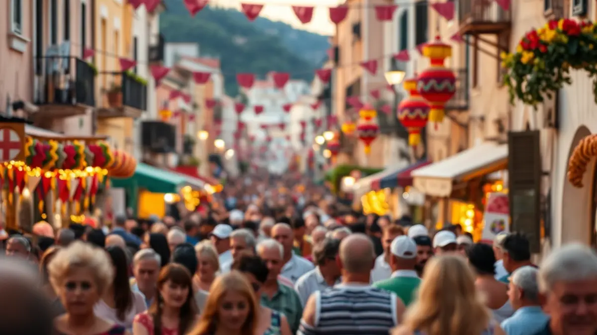 Festive atmosphere during the Moors and Christians Festival in Alcoy, with crowds and colorful decorations.