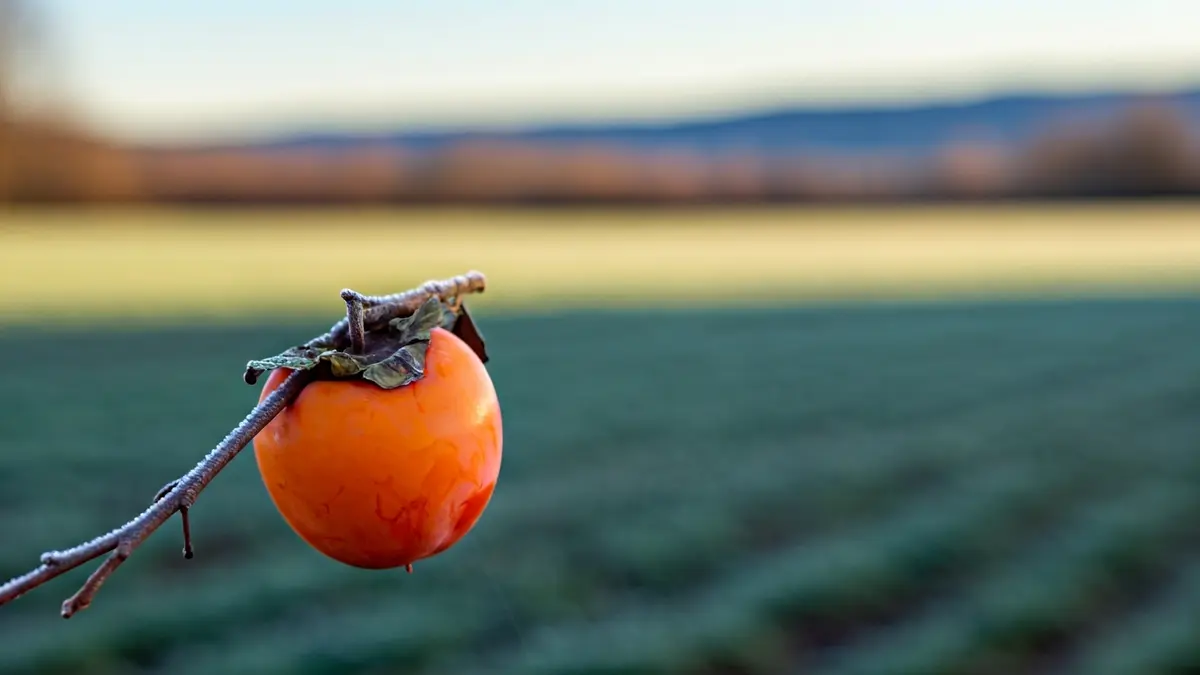 Image of a persimmon with frost, symbolizing agricultural losses.