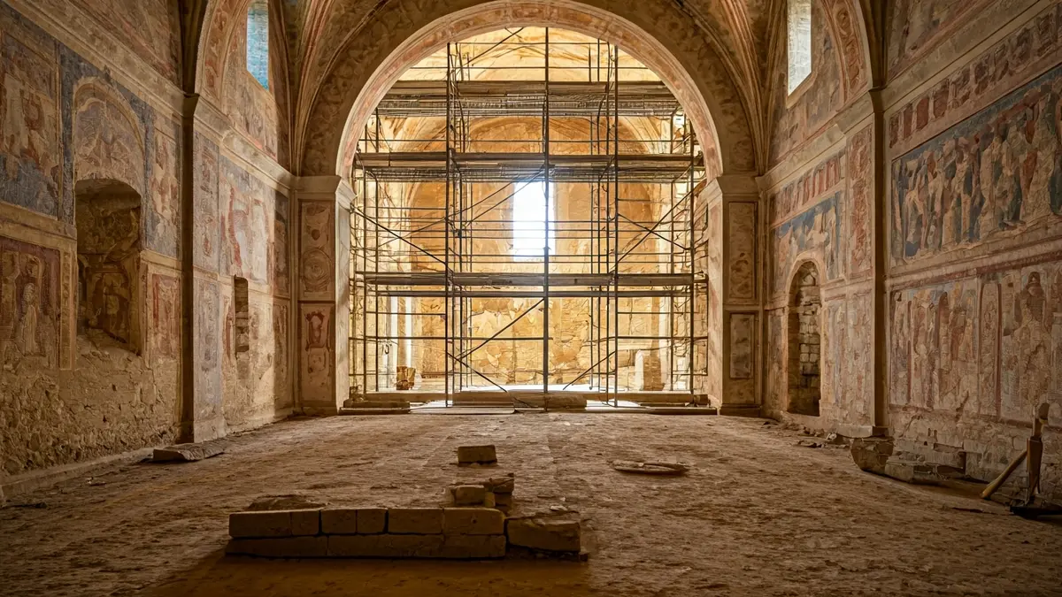 Imagen del interior de la Capilla de la Asunción de Gandia durante las obras de restauración, con pinturas del siglo XVII visibles.