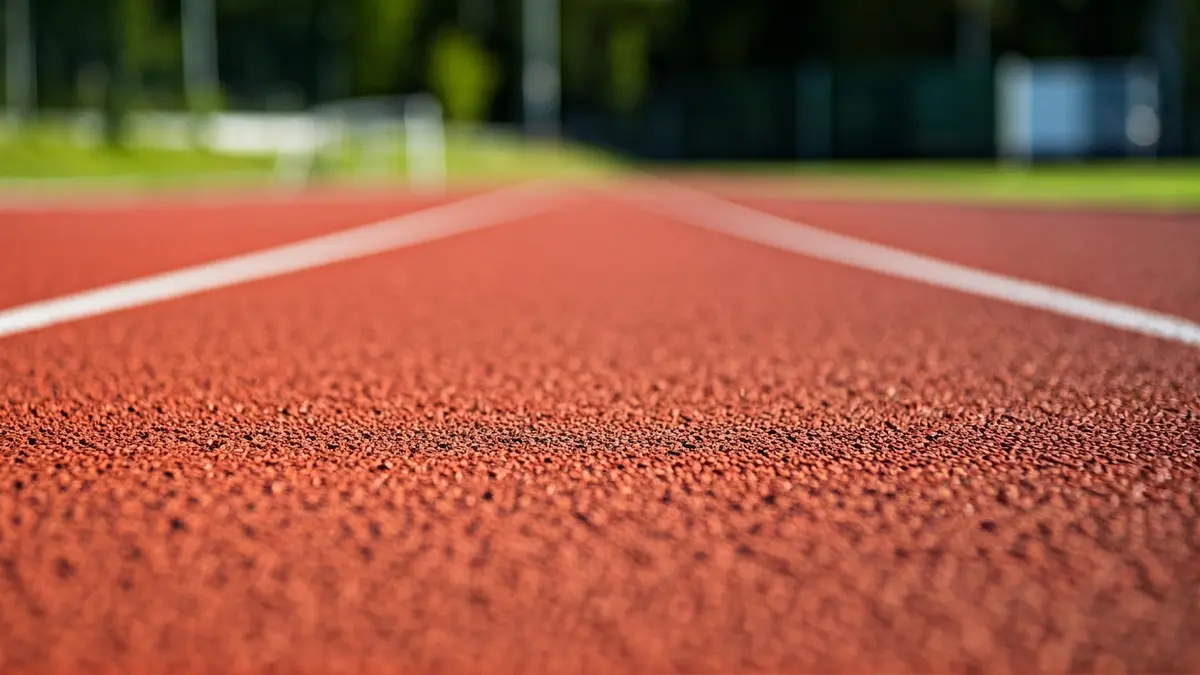 Generic image of an athletics track with red tartan surface and white lines.