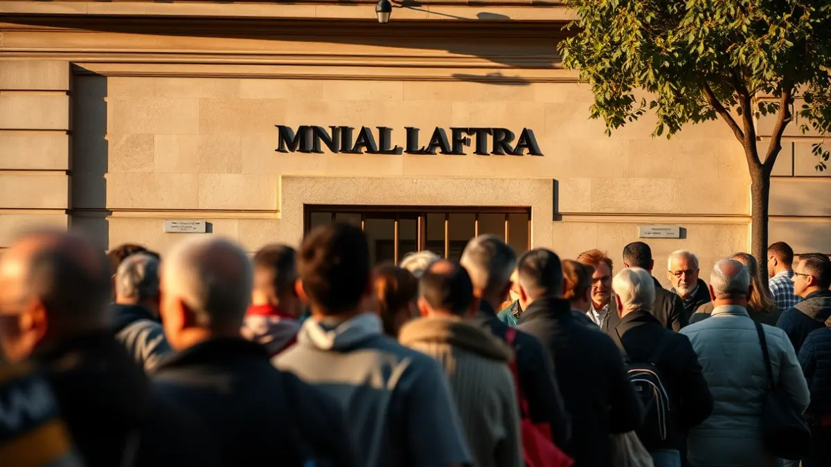 Generic image of a queue of people waiting outside municipal offices.
