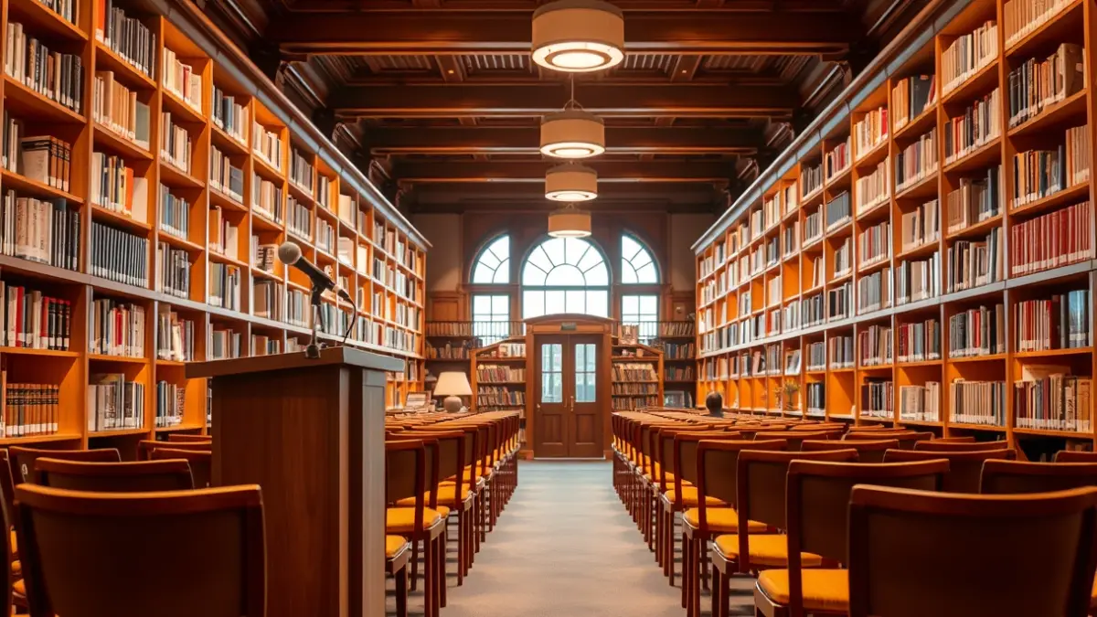 Generic image of a library with wooden bookshelves and a podium with microphone, with a warm reading atmosphere.