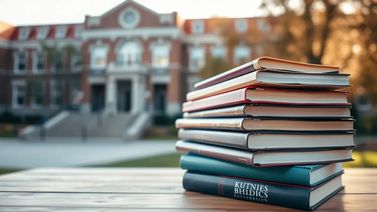 Imagen genérica de libros académicos en un escritorio, con un campus universitario desenfocado al fondo.