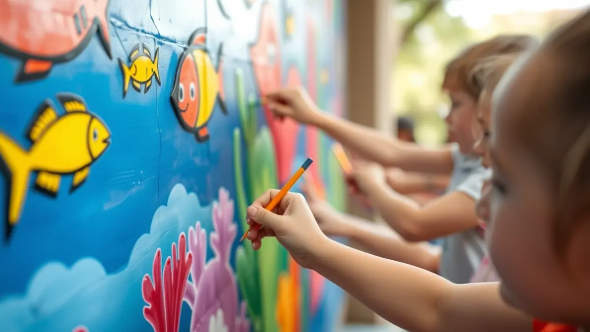Manos de niños pintando un mural con temática marina.