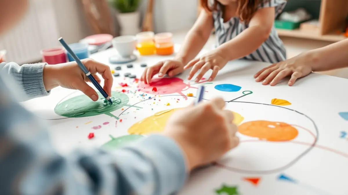 Imatge genèrica de mans de xiquets explorant materials artístics colorits en un taller.