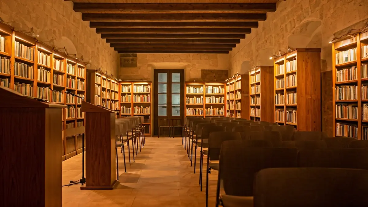 Imagen genérica de un interior de biblioteca con estanterías de madera y un atril con micrófono.
