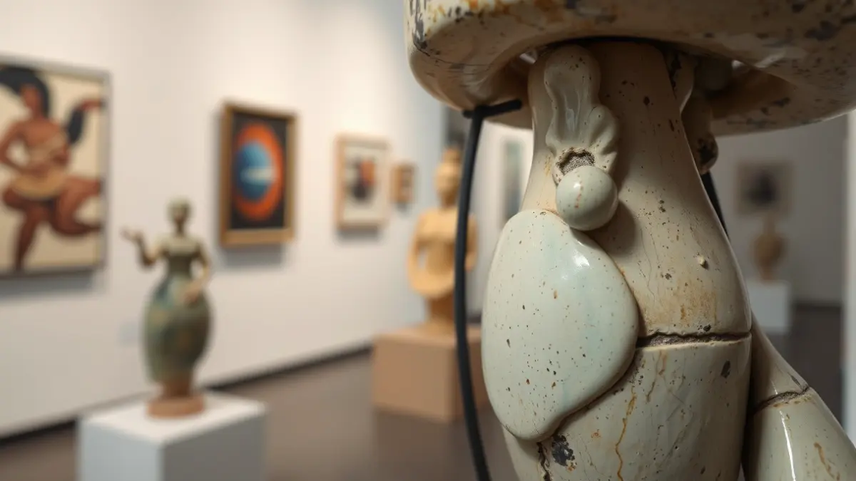 Imatge d'una escultura de ceràmica amb elements de ferro i vidre, exposada en una galeria d'art.