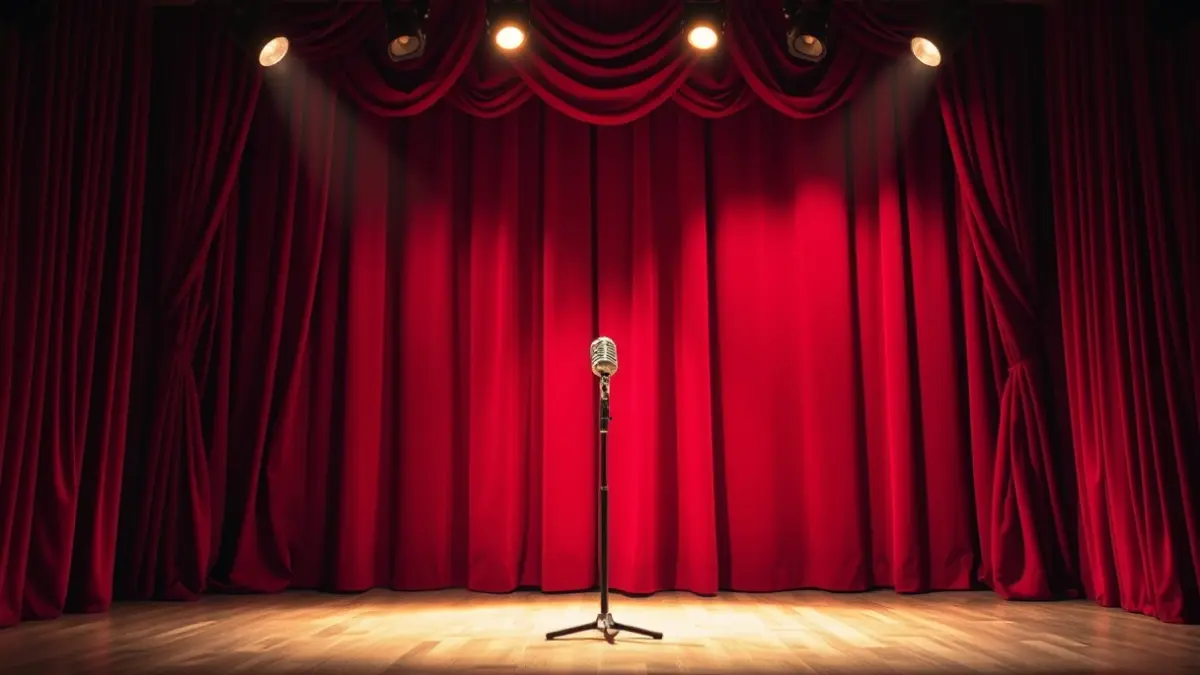 Imagen genérica de un escenario de ópera antiguo con cortinas de terciopelo rojo y un micrófono, evocando una actuación histórica.