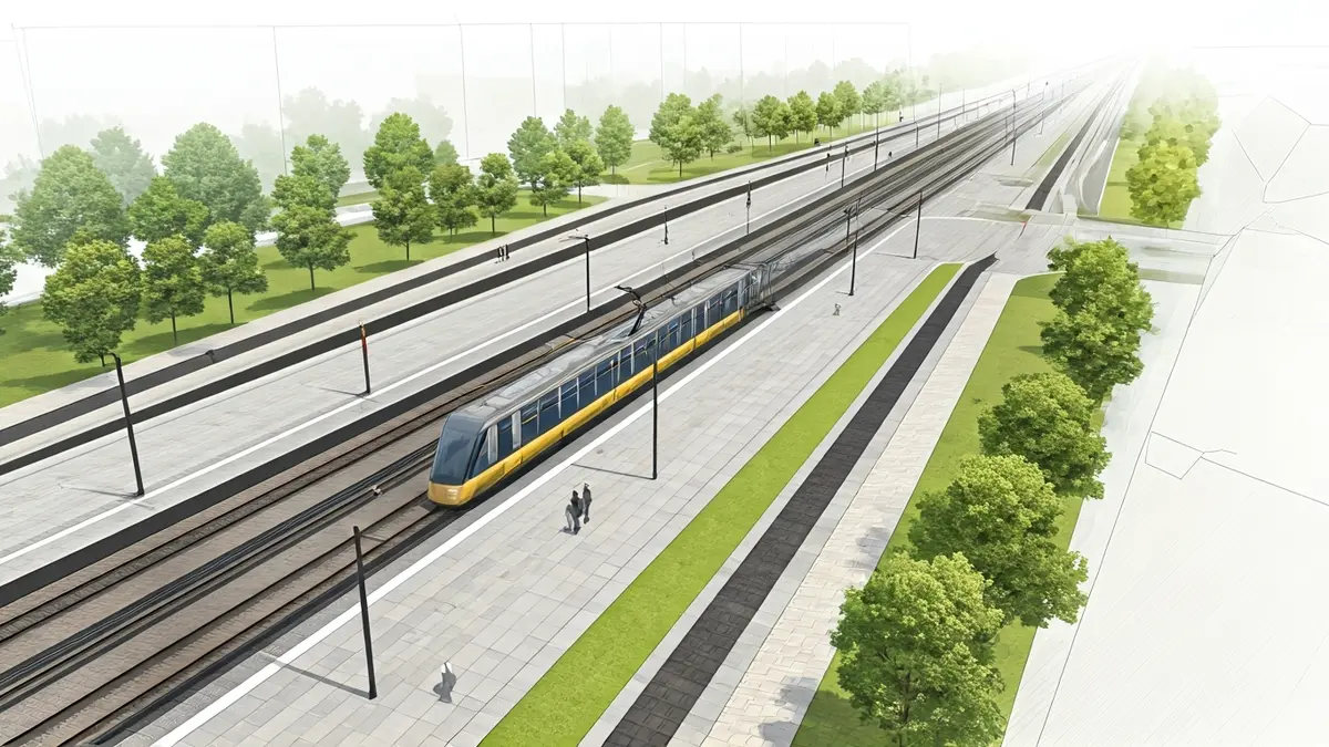 Image of an architectural blueprint of an underground tram station with green areas on the surface.