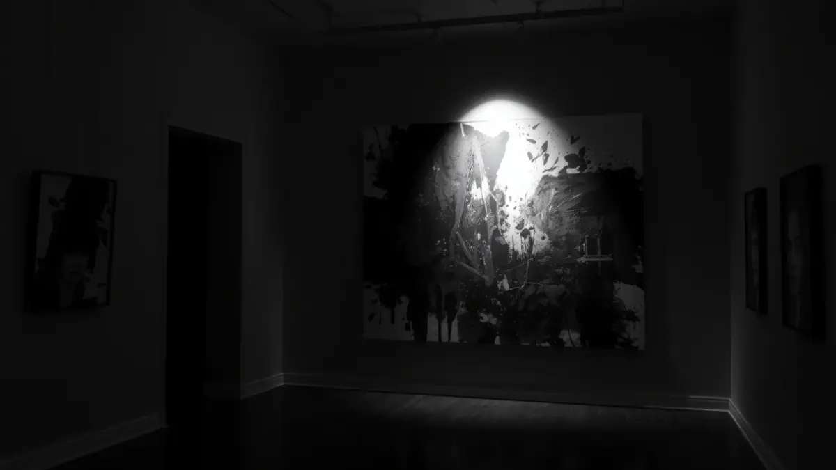 Imagen de una galería de arte con una pintura abstracta en blanco y negro, iluminada por un foco, creando sombras densas y una atmósfera expresiva.