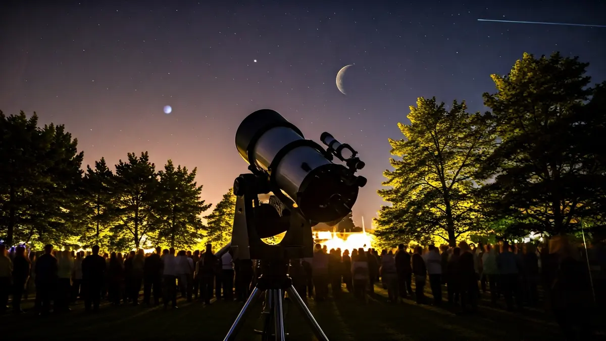 Imatge d'un telescopi apuntant al cel nocturn amb Júpiter visible, en un jardí.