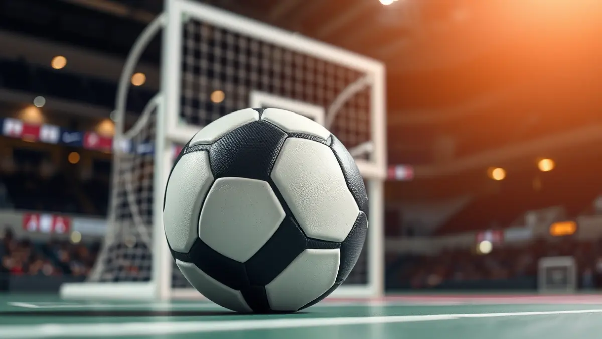 Imatge genèrica d'una pilota d'handbol en una pista, amb la porteria desenfocada al fons.