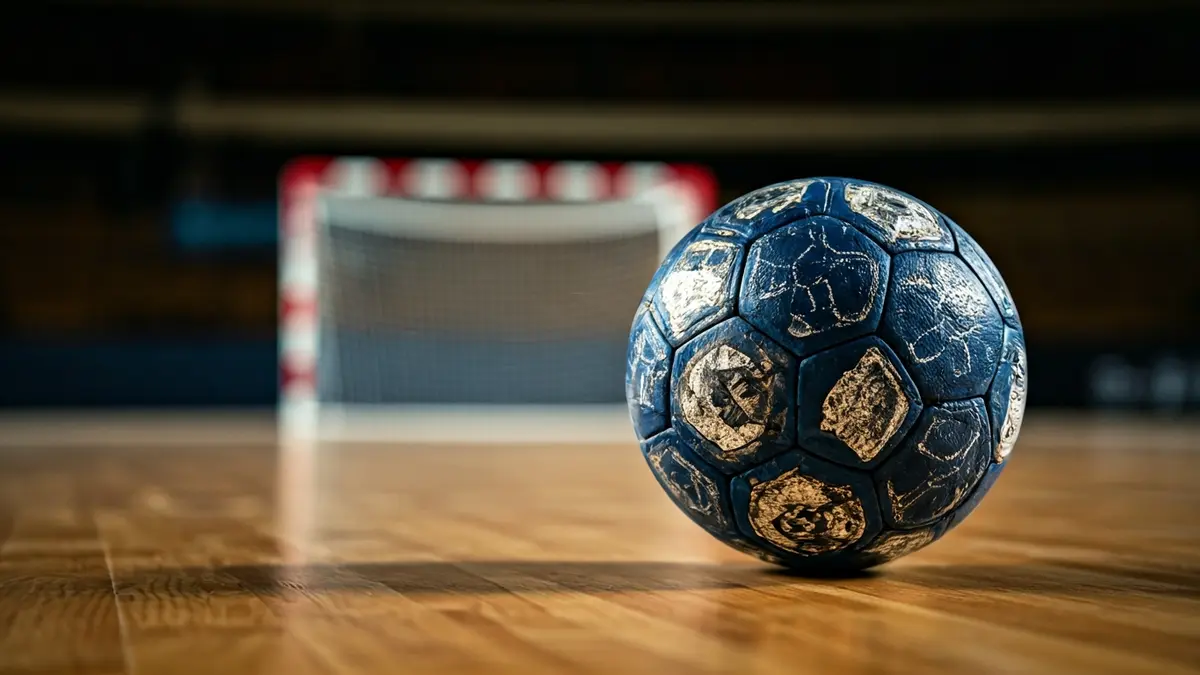 Imatge genèrica d'una pilota d'handbol sobre una pista de fusta.