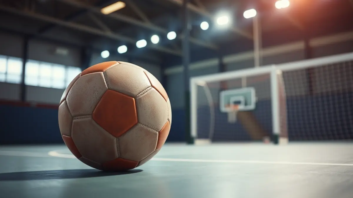 Imagen genérica de un balón de balonmano en una cancha, con la portería desenfocada al fondo.