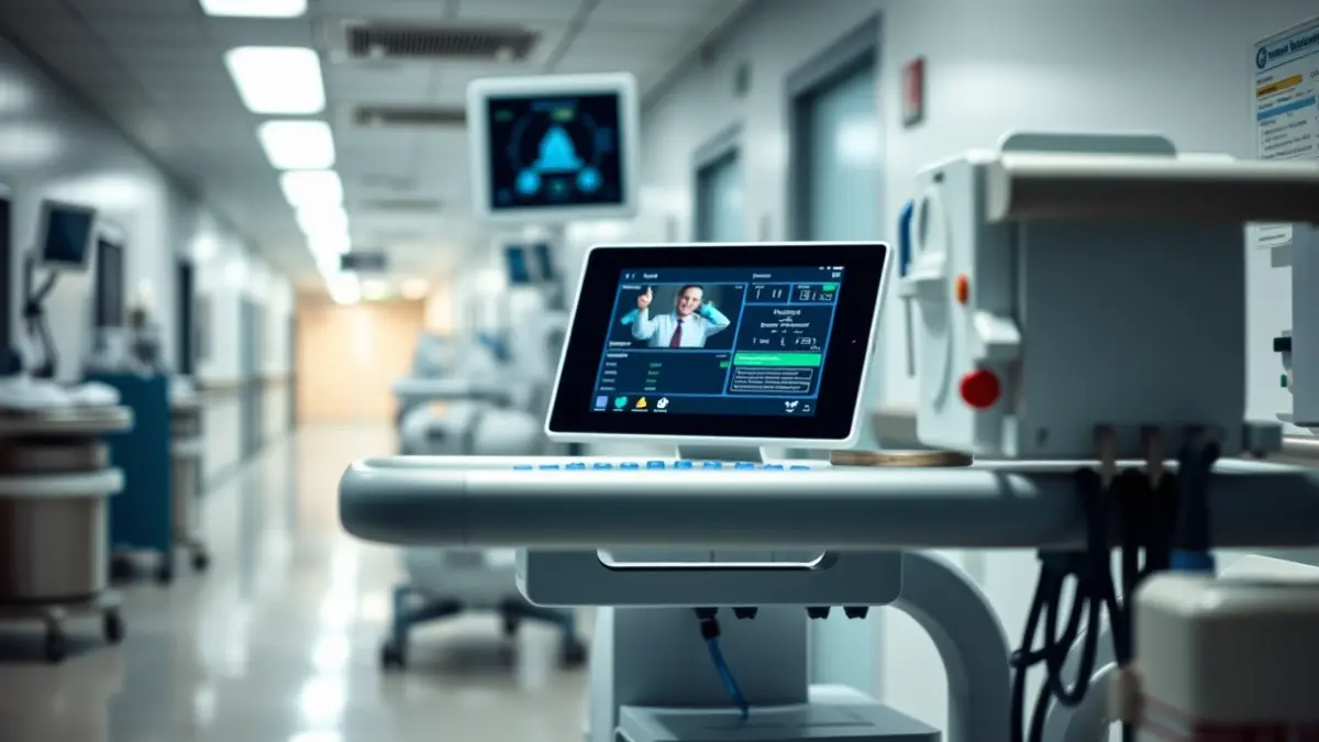 Generic image of a computerized medication cart in a hospital.
