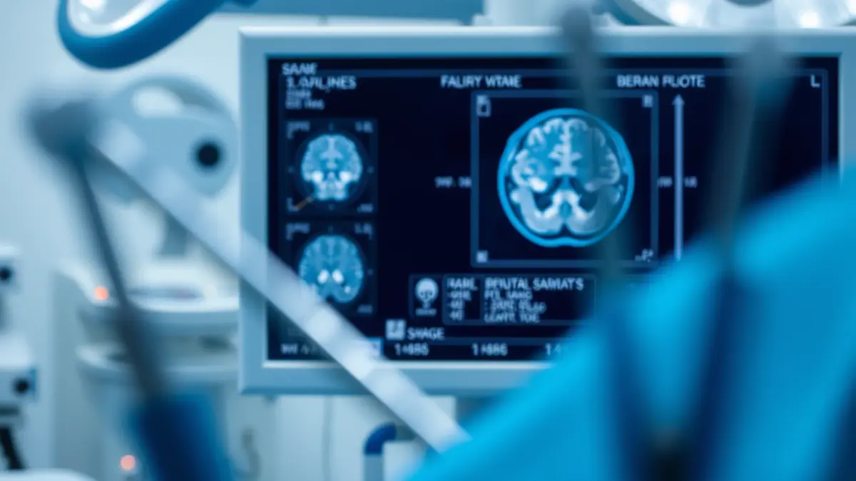 Imagen genérica de una pantalla médica mostrando un escáner cerebral con instrumentos quirúrgicos desenfocados.