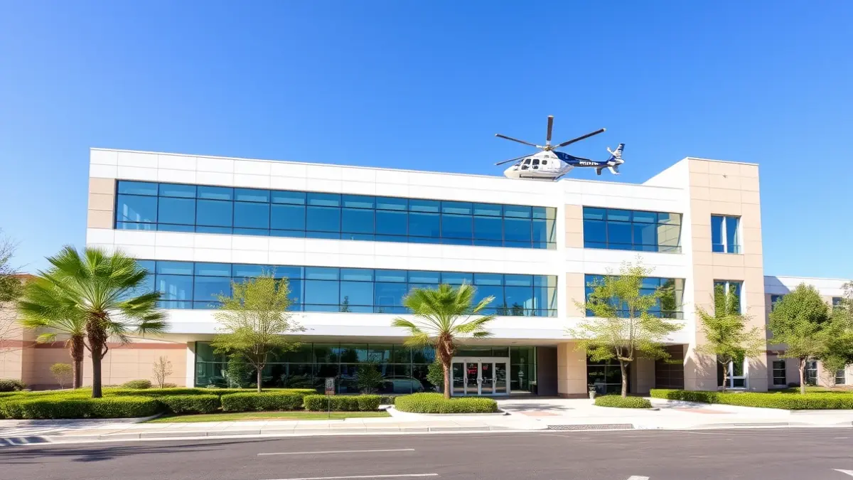 Image of a modern hospital facade with a helipad on the roof.