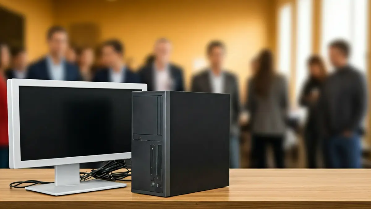 Imagen genérica de ordenadores y monitores apilados, simbolizando una donación tecnológica.