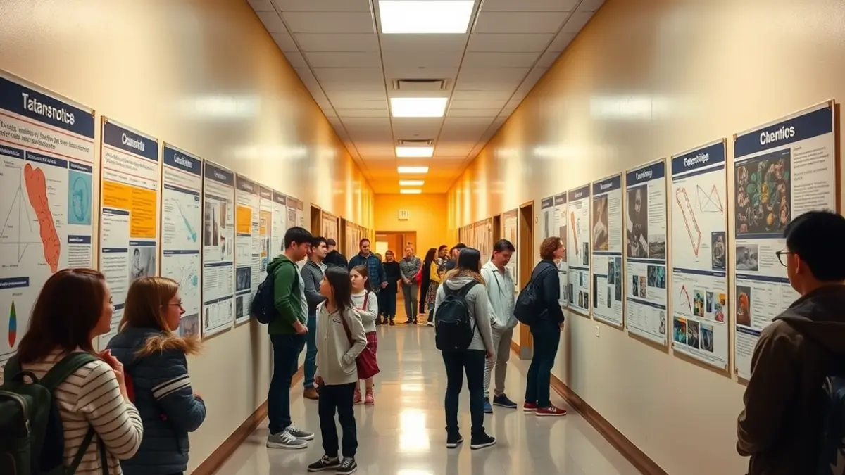 Imagen genérica de un pasillo escolar con pósteres científicos expuestos y estudiantes observándolos.