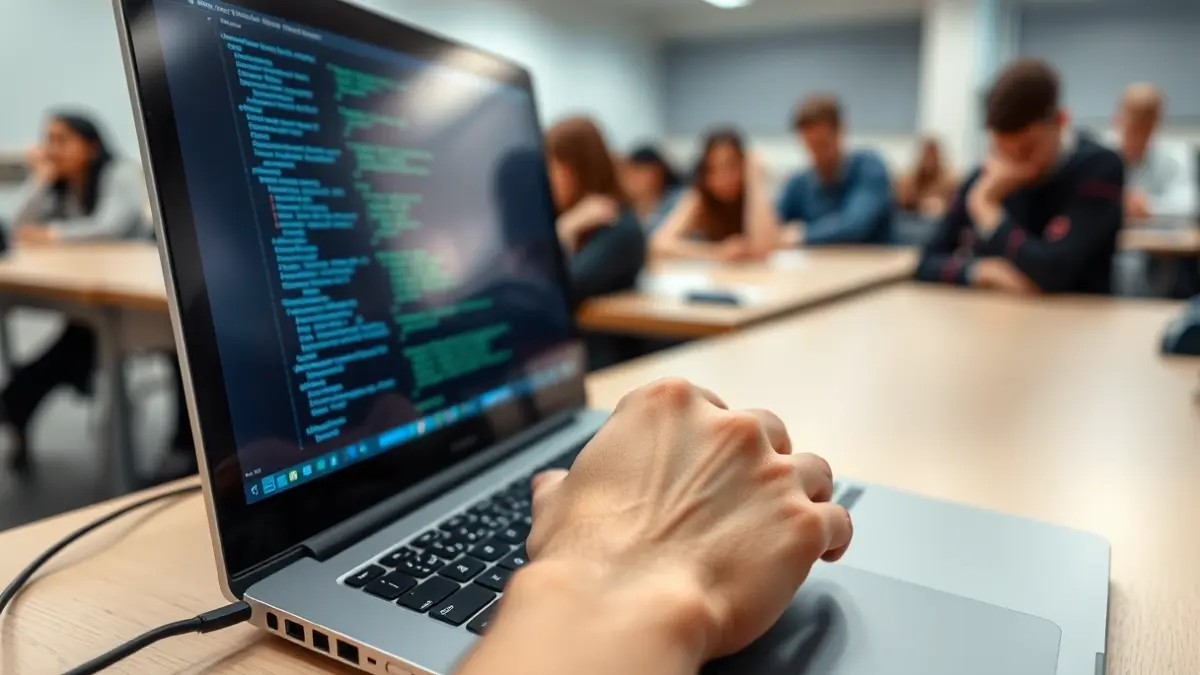 Imatge genèrica d'unes mans teclejant en un portàtil amb codi en la pantalla, en un entorn educatiu.