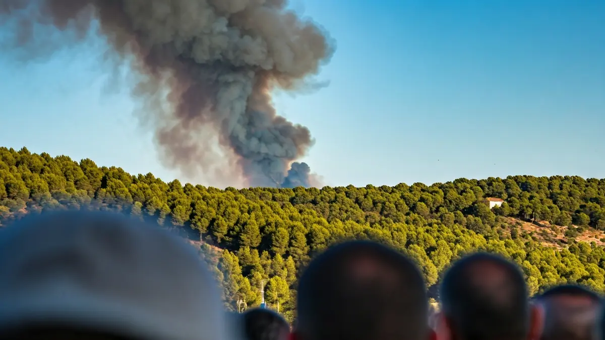 Generic image of a smoke column over a Mediterranean forest with blurred emergency lights.