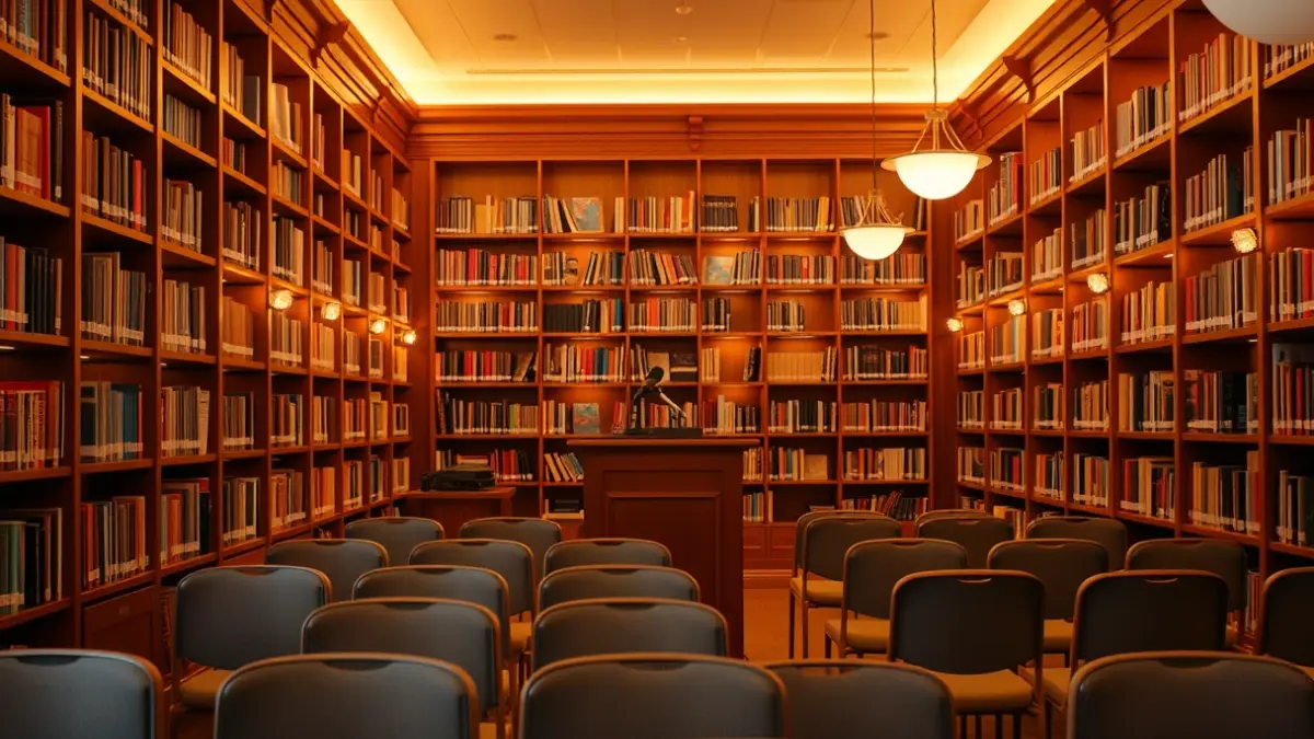 Imagen genérica de una biblioteca con estanterías de madera y un atril con micrófono, con una atmósfera cálida de lectura.