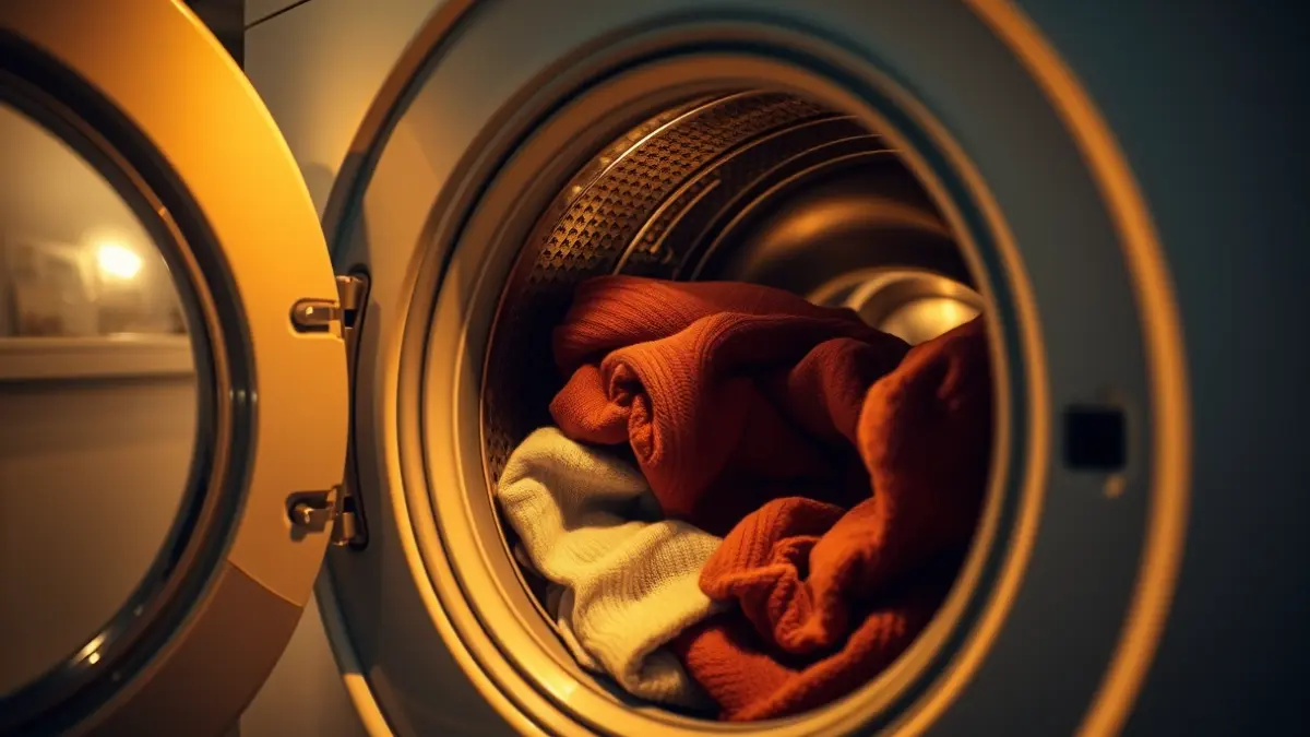 Generic image of a washing machine operating at night, with the door open and clothes inside, illuminated by a warm light.