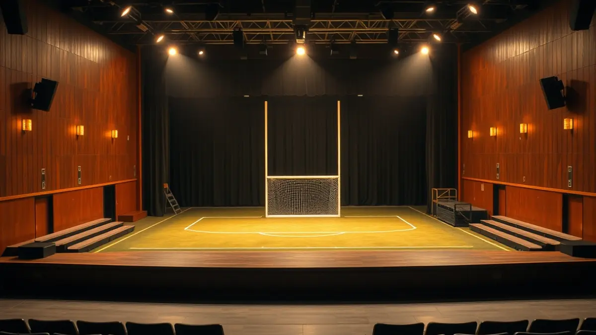 Imagen de la escenografía de la obra teatral 'El pati', que recrea un patio de escuela con una portería y gradas.