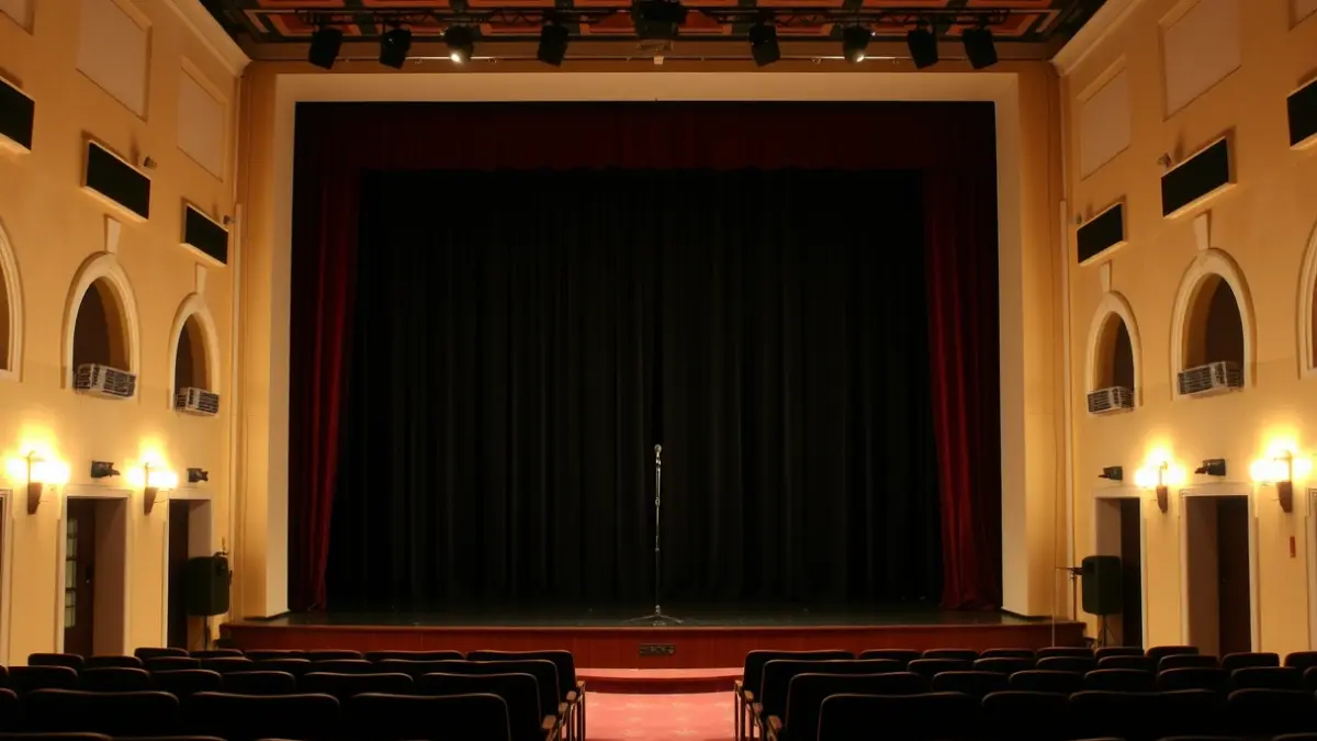 Imatge genèrica d'un escenari de teatre amb un micròfon i seients buits, il·luminació dramàtica.