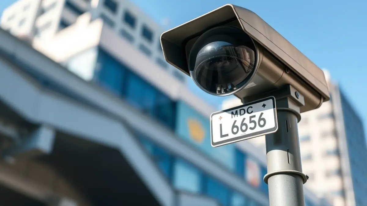 Imagen genérica de una cámara de videovigilancia de tráfico con lector de matrícula.