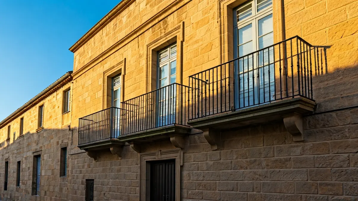 Fachada de un ayuntamiento de piedra con balcón y barandillas de hierro, con la luz del sol de la tarde