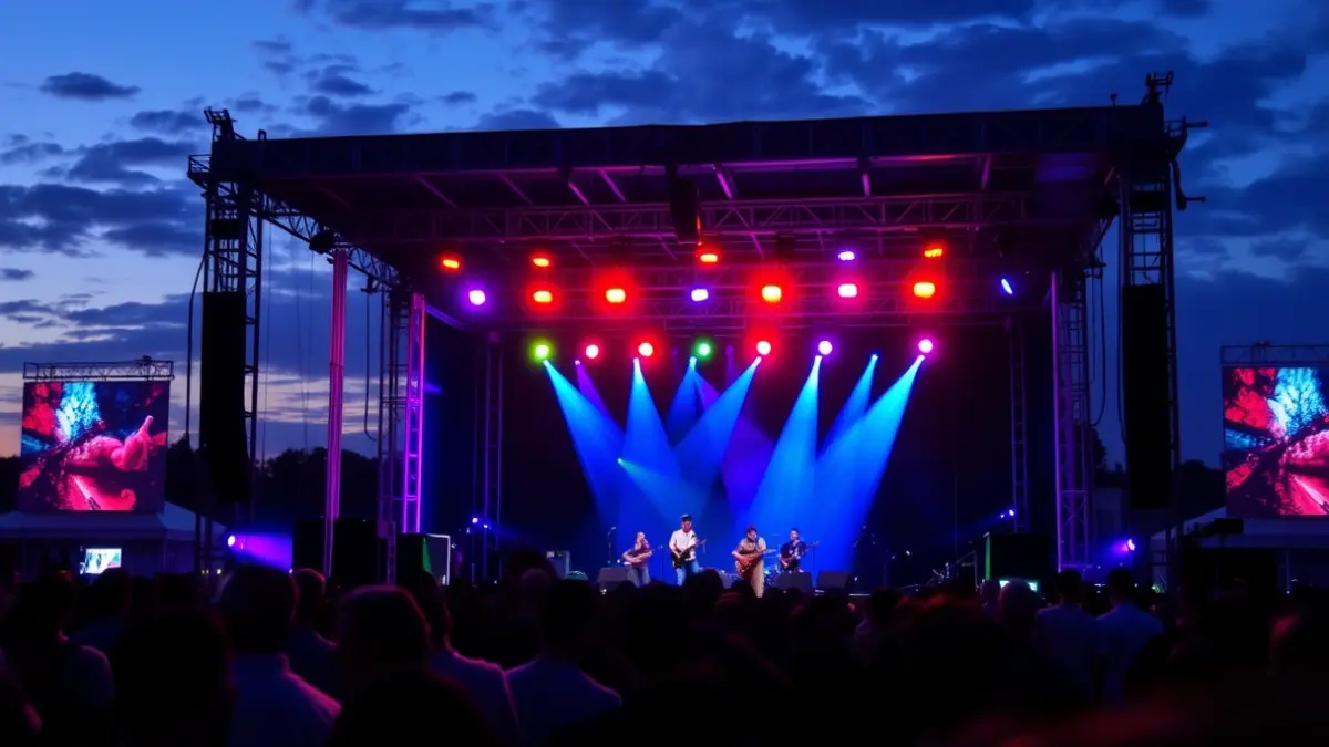 Generic image of an outdoor music festival stage at dusk, with colorful lights and a blurred crowd.