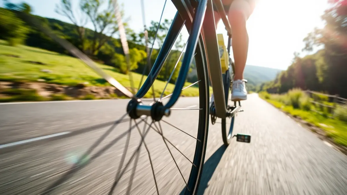 Imagen genérica de una rueda de bicicleta en movimiento, con un paisaje verde de fondo.