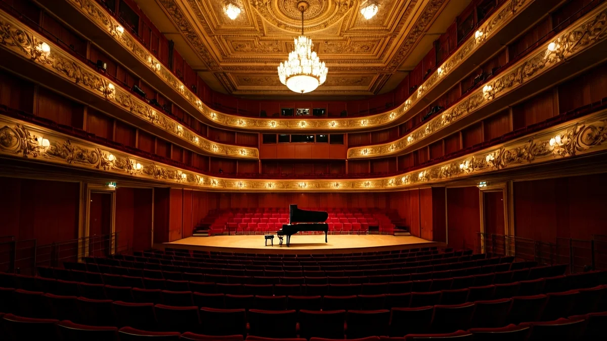Generic image of a classical music auditorium with red velvet seats and golden details.
