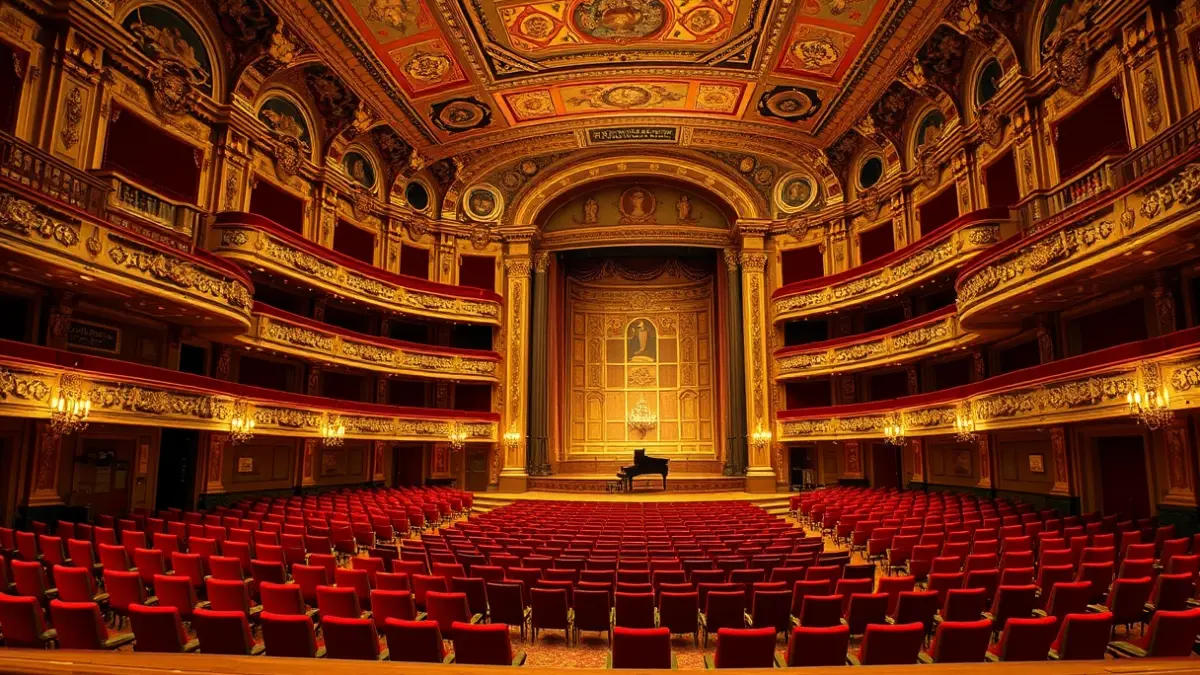 Imatge de l'interior d'una sala de concerts europea amb seients de vellut roig i un escenari amb un piano.