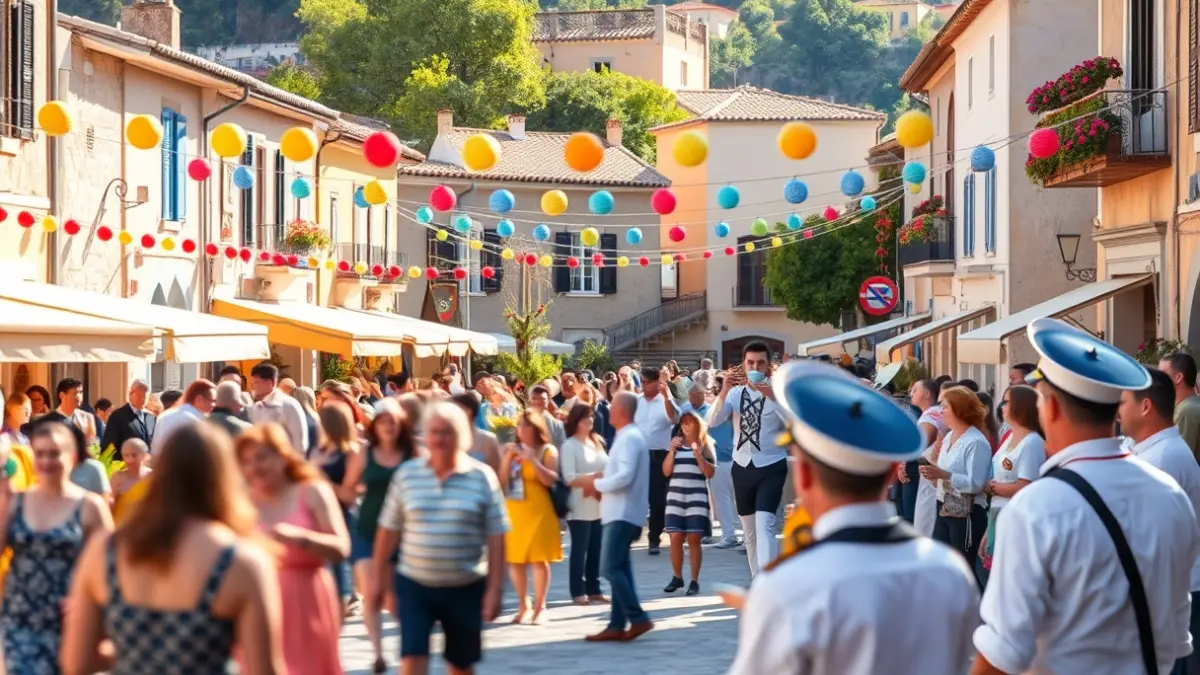 Imatge d'una plaça de poble mediterrània amb gent celebrant una festa, música i decoracions festives.