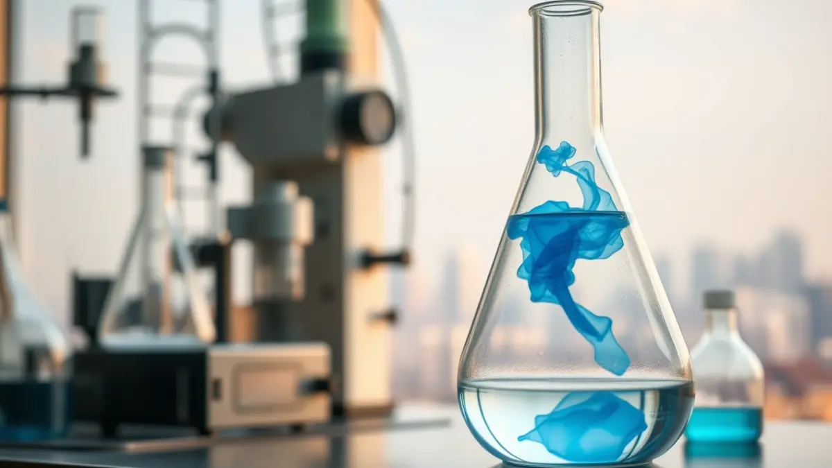 Generic image of a scientific laboratory with a glass flask containing a blue gas, symbolizing ozone, with a hazy urban background.