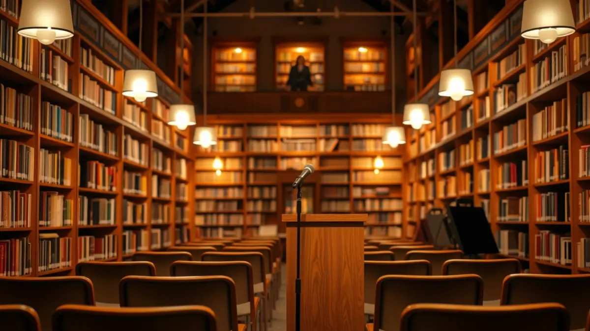 Generic image of a library with wooden bookshelves and a podium with a microphone, with warm lighting.