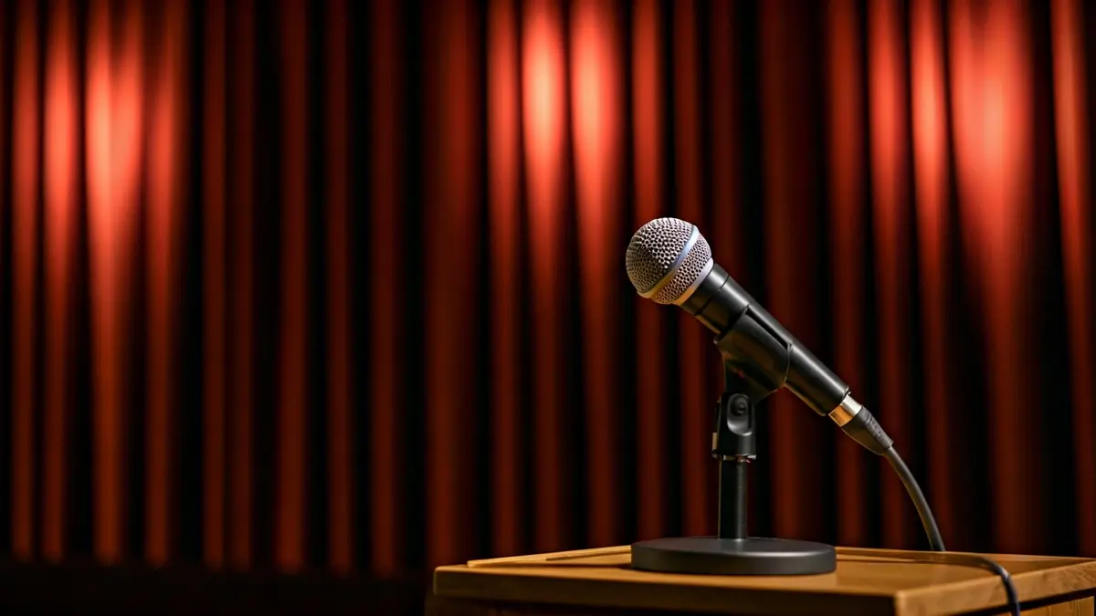 Imagen genérica de un micrófono en un escenario de teatro, con cortinas rojas al fondo.