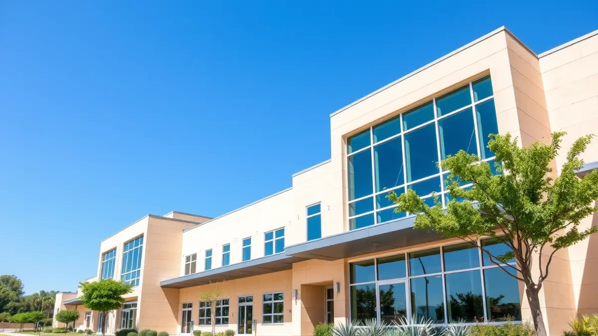 Image of a modern school building with sustainable design elements, representing a new educational center.