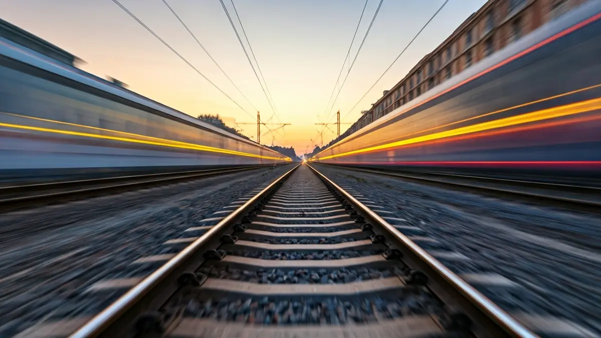 Generic image of train tracks with blurred lights in the background.