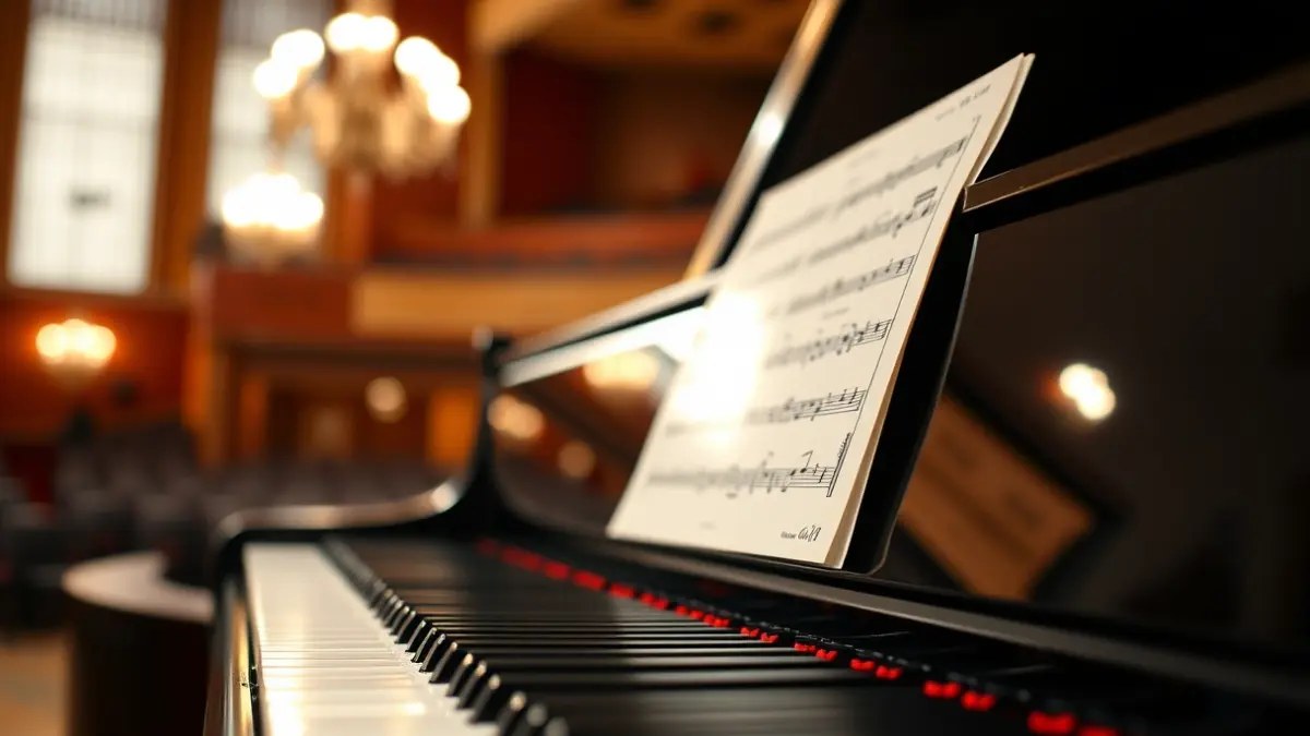 Imatge genèrica d'un teclat de piano de cua en un escenari amb il·luminació càlida.