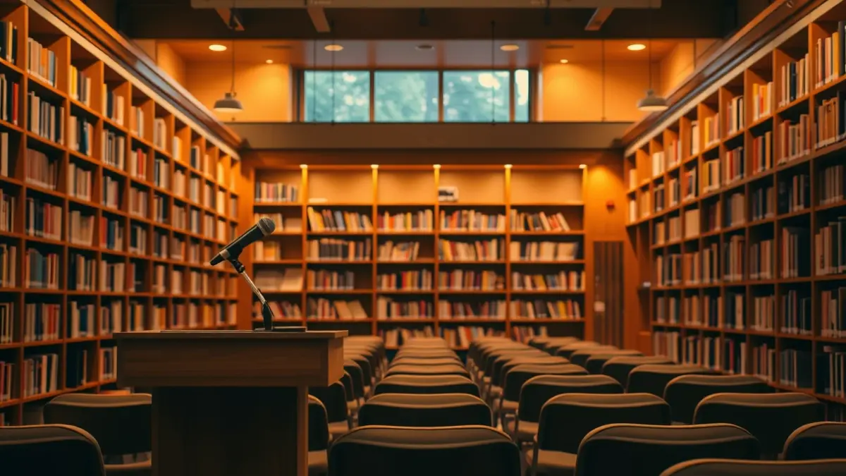 Generic image of a library interior with wooden bookshelves and a microphone on a podium.