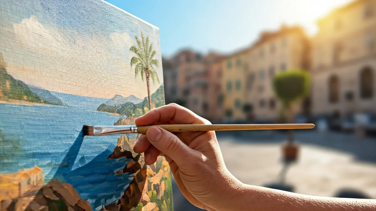 Imagen genérica de una mano de artista pintando un paisaje mediterráneo.