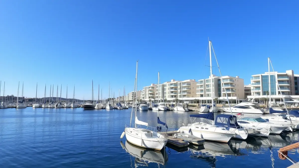 Imagen de Marina El Portet de Dénia con embarcaciones amarradas y edificios modernos.