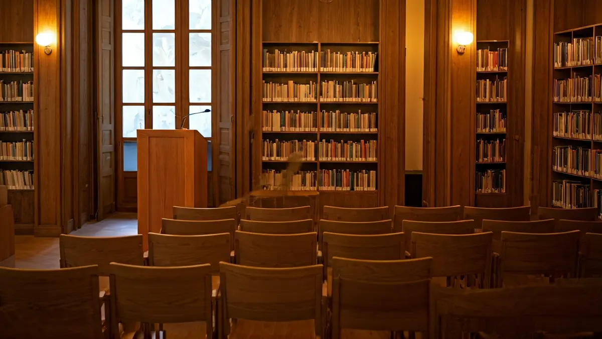 Imatge genèrica d'una sala de presentacions o biblioteca amb un micròfon i cadires buides.